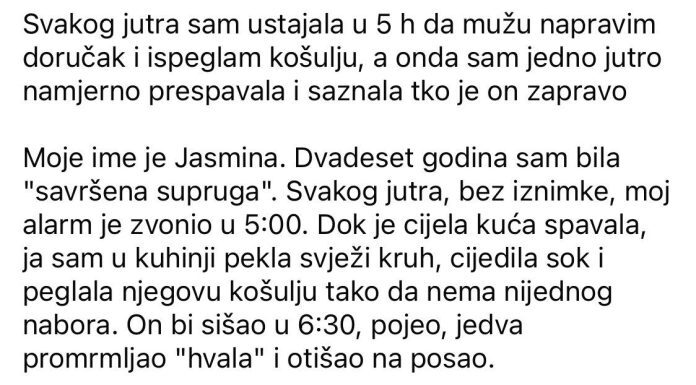 Svakog jutra sam ustajala u 5 h da mužu napravim doručak i ispeglam košulju, a onda sam jedno jutro namjerno prespavala i saznala tko je on zapravo Svakog jutra sam ustajala u 5 h da mužu napravim doručak i ispeglam košulju, a onda sam jedno jutro namjerno prespavala i saznala tko je on zapravo - featured image